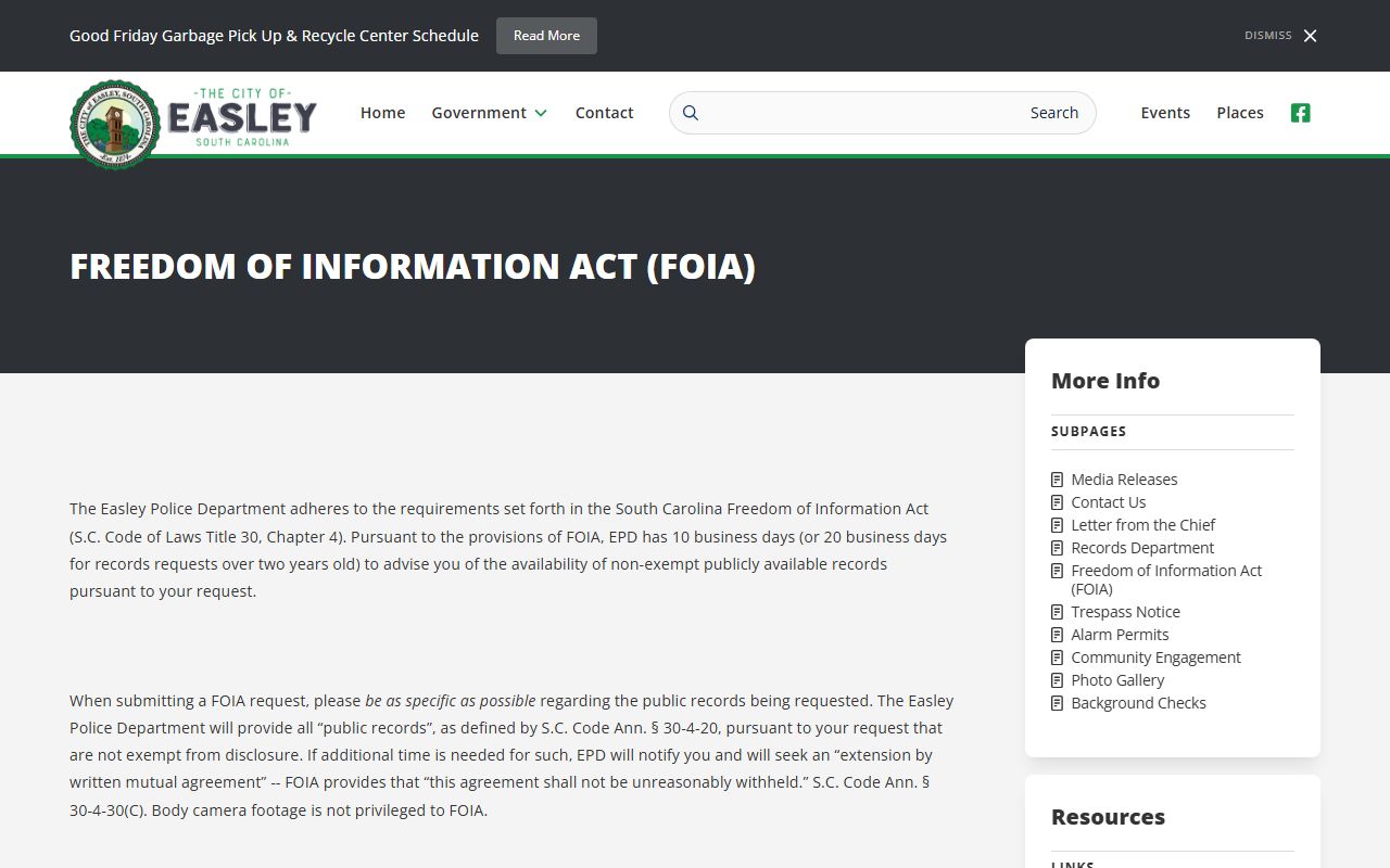 Easley Police Department FOIA public records