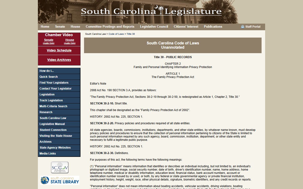 South Carolina public records Privacy Protection Act Title 30 Chapter 2