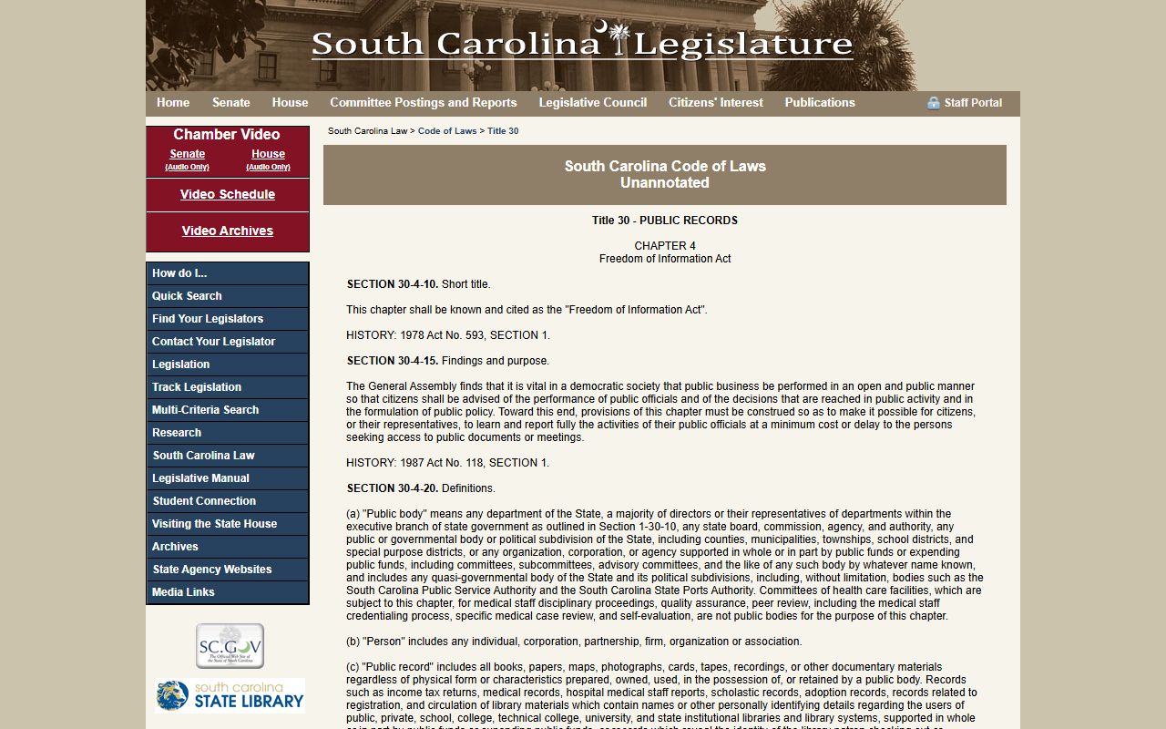 South Carolina public records FOIA statute Title 30 Chapter 4