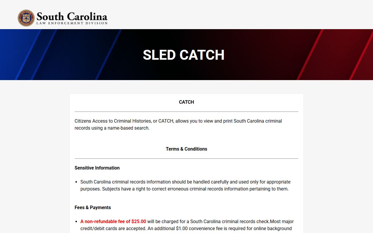 South Carolina public records SLED CATCH criminal history system